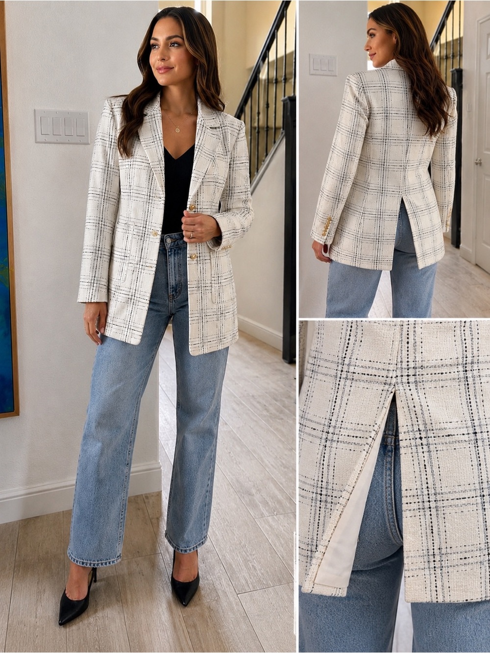 Generation Love Plaid Tweed Longline Blazer Ivory Black XS Like New